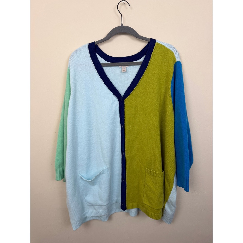 Women 3X Colorblock Cardigan Sweater V-Neck Blue Green Knit